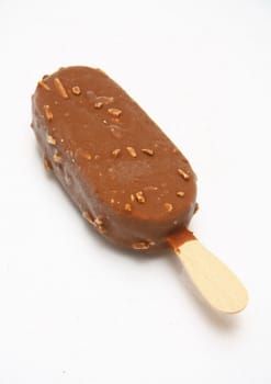 chocolate ice cream dessert on wooden stick isolated on white background