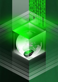 Green leather background with globe and mouse in a cube and binary code
