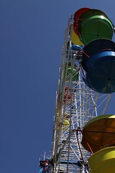 Ferris wheel close up over blue sky.