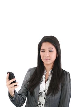 portrait of angry female looking at cellphone, isolated on white background