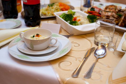 Different appetizing food from table at the wedding reception 
