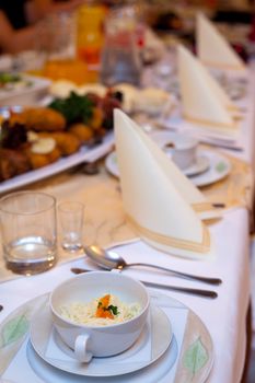 Different appetizing food from table at the wedding reception 
