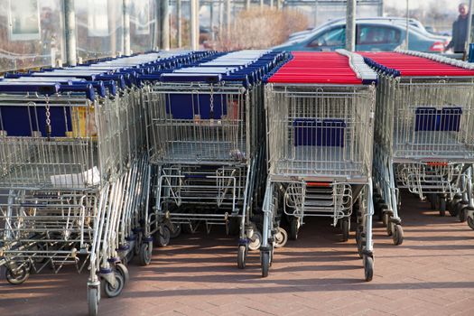 Row of empty shopping carts at the supermarket
