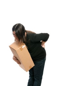 A teenage girl injured her back while trying to lift a box, isolated against a white background.