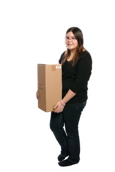 A full body view of a teenage girl holding a plain brown parcel, isolated against a white background.