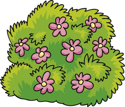cartoon Illustration of green bush with pink flowers