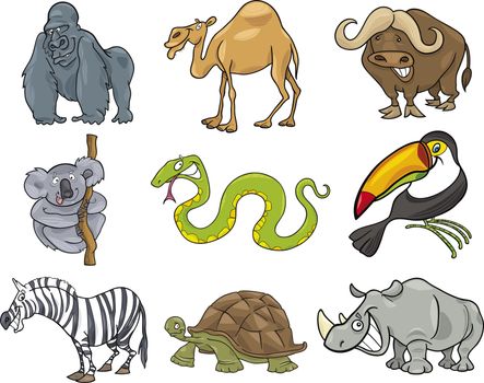 cartoon illustration of nine funny wild animals