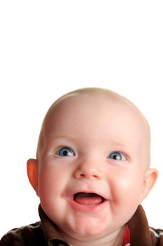 Cute happy baby looking up with room for text, isolated on white