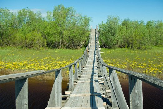 Suspension bridge over the river.Old Style Suspension Bridge -- crossing a mountain river