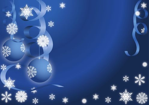 blue background for the Christmas holidays with ribbons, snowflakes and New Year balls