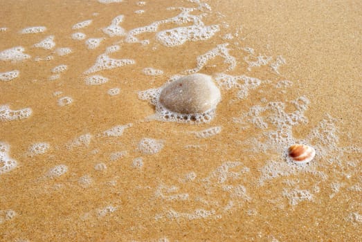Close-up of a stone on the sandy beach
