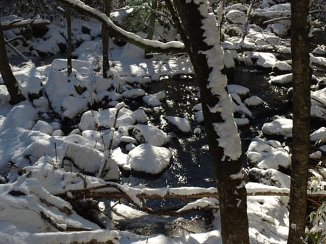 View along the Jacobs Fork River at South Mountain State Park after a snow fall