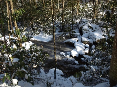 View along the Jacobs Fork River at South Mountain State Park after a snow fall