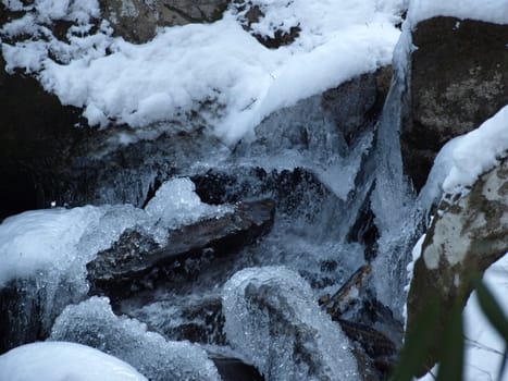 View along the Jacobs Fork River at South Mountain State Park after a snow fall