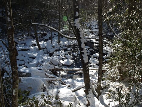 View along the Jacobs Fork River at South Mountain State Park after a snow fall