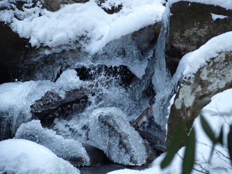 View along the Jacobs Fork River at South Mountain State Park after a snow fall