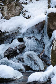 View along the Jacobs Fork River at South Mountain State Park after a snow fall