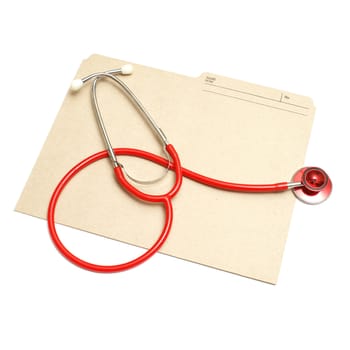 An isolated shot of a red stethoscope and medical folder.