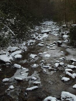 View along the Jacobs Fork River at South Mountain State Park after a snow fall