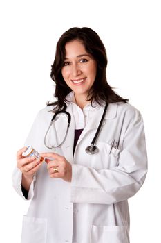 Happy doctor in white coat explaining prescription medication, isolated.