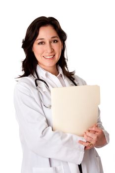 Attractive female doctor with white coat and stethoscope standing holding a patient file chart dossier, isolated.