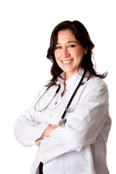 Beautiful attractive happy smiling female doctor physician nurse standing with arms crossed, isolated.