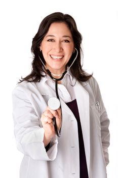 Beautiful attractive happy smiling female doctor physician nurse with stethoscope, isolated.
