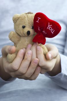 teddy bear with big red heart in child hands