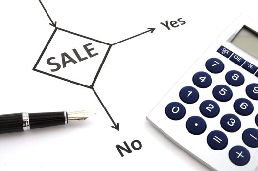 sale pen and flow chart showing retail commerce or marketing concept