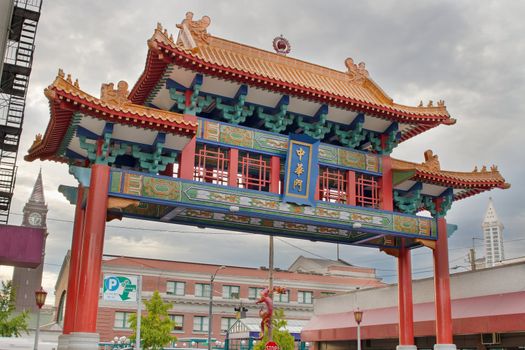 Sunset at Chinatown Gate with Union Station in Seattle Washington