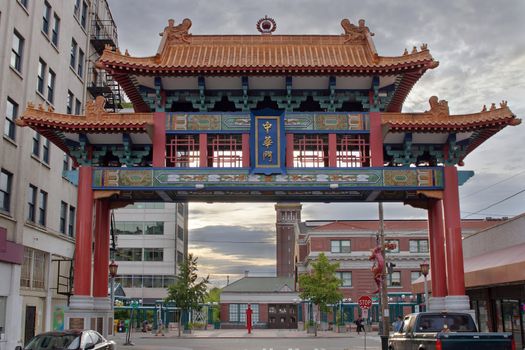 Sunset at Chinatown Gate with Union Station in Seattle Washington