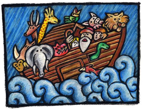 Noah's Ark Illustration: Some Noah's Animals are waiting for the end of the Rain
Technique: oil pastels on paper.
It is a work of mine scanned