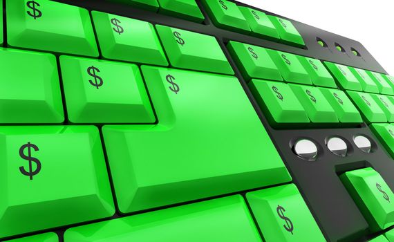 Computer keyboard with green dollar money keys