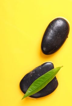 zen stone leaf and yellow copyspace showing spa concept