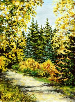 Natural landscape, autumn wood, leaves and fur-trees. Picture oil paints on a canvas