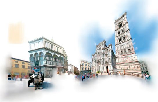 Dome square in Florence in a near-watercolor illustration. 
Is recognizable the Santa Maria del Fiore church, the Ghiberti Baptistery and the Giotto Belfry