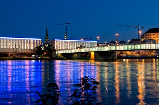 Bridge over Danube River at Night in Linz, Austria