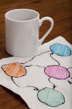 abstract flowchart or mind map - napkin doodle with espresso coffee cup on old wooden table