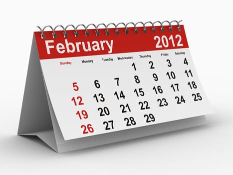 2012 year calendar. February. Isolated 3D image