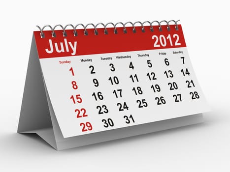 2012 year calendar. July. Isolated 3D image