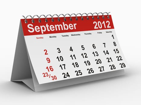2012 year calendar. September. Isolated 3D image