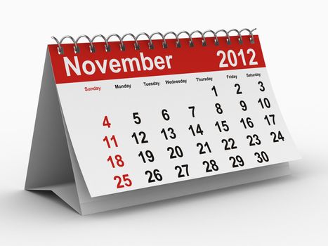 2012 year calendar. November. Isolated 3D image