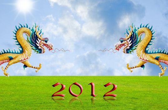 Golden dragon flying over the fields with 2010 year number, New year background