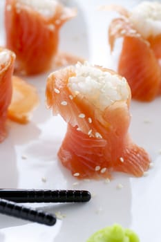 Sushi:  Fresh salmon filled with rice and sesame seeds, served with wasabi. with rice and sesame seeds, served with wasabi.