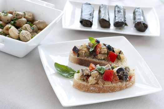 Bruschetta: Prepared fresh with peppers, olives, aubergine and fresh basil.
