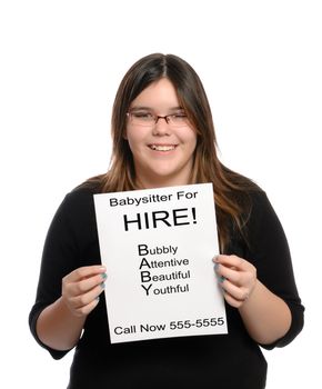 A babysitter holding a paper flyer advertising her skills as a babysitter, isolated against a white background.