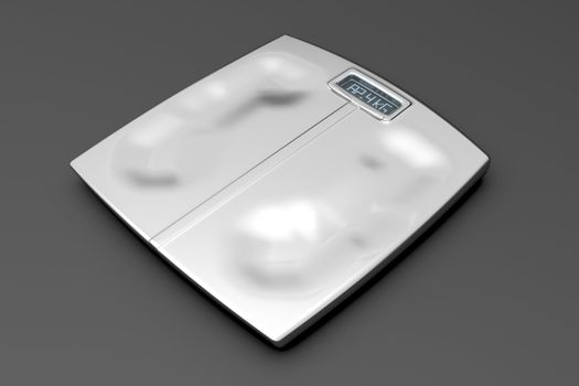 Metal weight scale with footprints on gray background