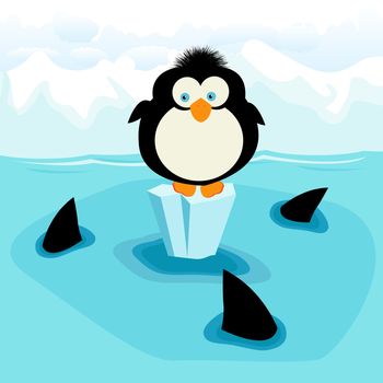 Little penguin and three sharks