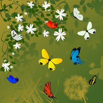 Spring time background with flowers and butterflies