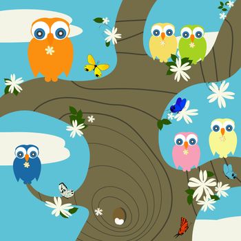 Creative background for springtime with cute owls and butterflies